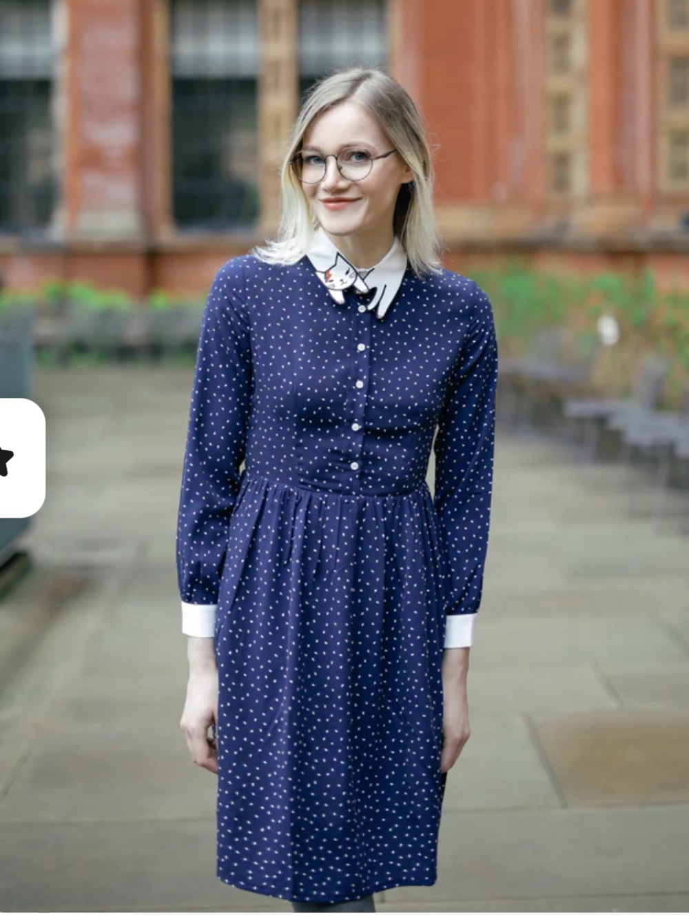 Cat Collar Lined Blue Polka Dot Long Sleeve Dress w/ Pockets